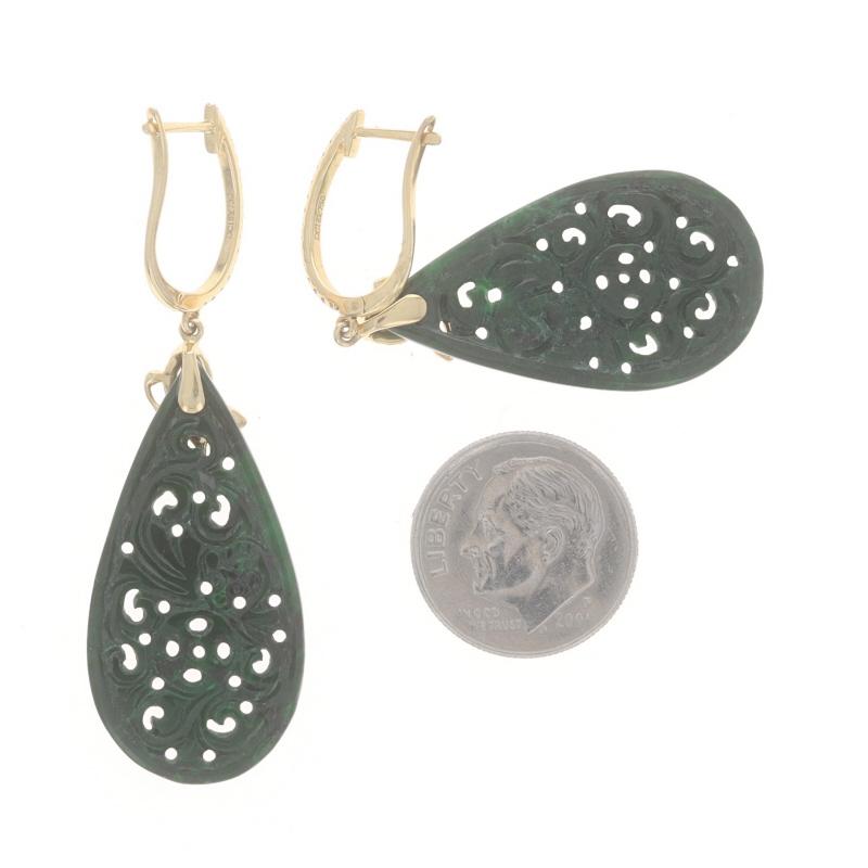 Women's Yellow Gold Jade & Diamond Butterfly Hoop Dangle Earrings - 18k Carved .25ctw For Sale