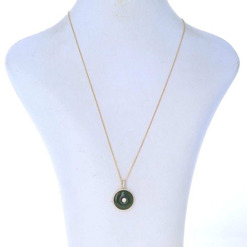 Metal Content: 14k Yellow Gold

Stone Information

Natural Jade
Treatment: Routinely Enhanced

Natural Diamonds
Carat(s): .20ctw
Cut: Round Brilliant
Color: G - H
Clarity: SI1 - SI2

Total Carats: .20ctw

Chain Style: Cable
Necklace Style:
