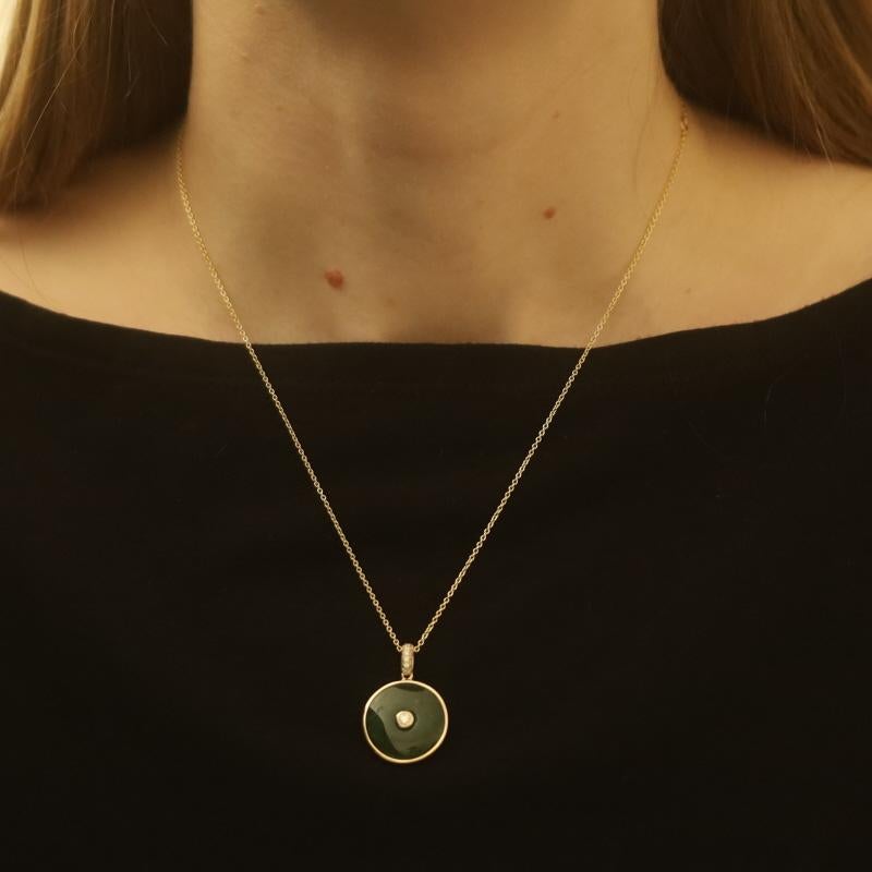 Round Cut Yellow Gold Jade Diamond Circle Disc Pendant Necklace - 14k .20ctw Adjustable For Sale