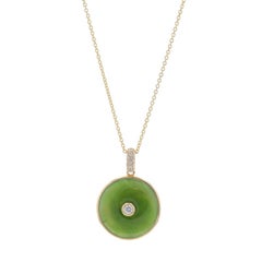 Yellow Gold Jade Diamond Circle Disc Pendant Necklace - 14k .20ctw Adjustable