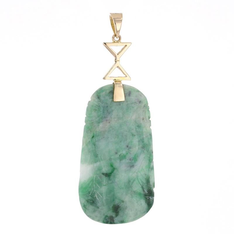 Metal Content: 14k Yellow Gold

Stone Information

Natural Jade/Jadeite
Treatment: Routinely Enhanced
Cut: Carved
Color: Green & White

Theme: Botanical 
Features:  Etched leaf design

Measurements

Tall (from stationary bail): 2 7/32