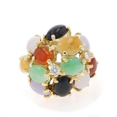 Yellow Gold Jade Onyx Diamond Cluster Cocktail Dome Ring - 14k Oval Cab .10ctw