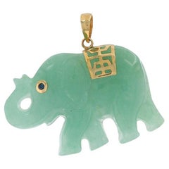 Yellow Gold Jade & Sapphire Walking Elephant Pendant - 14k Carved Shou Longevity