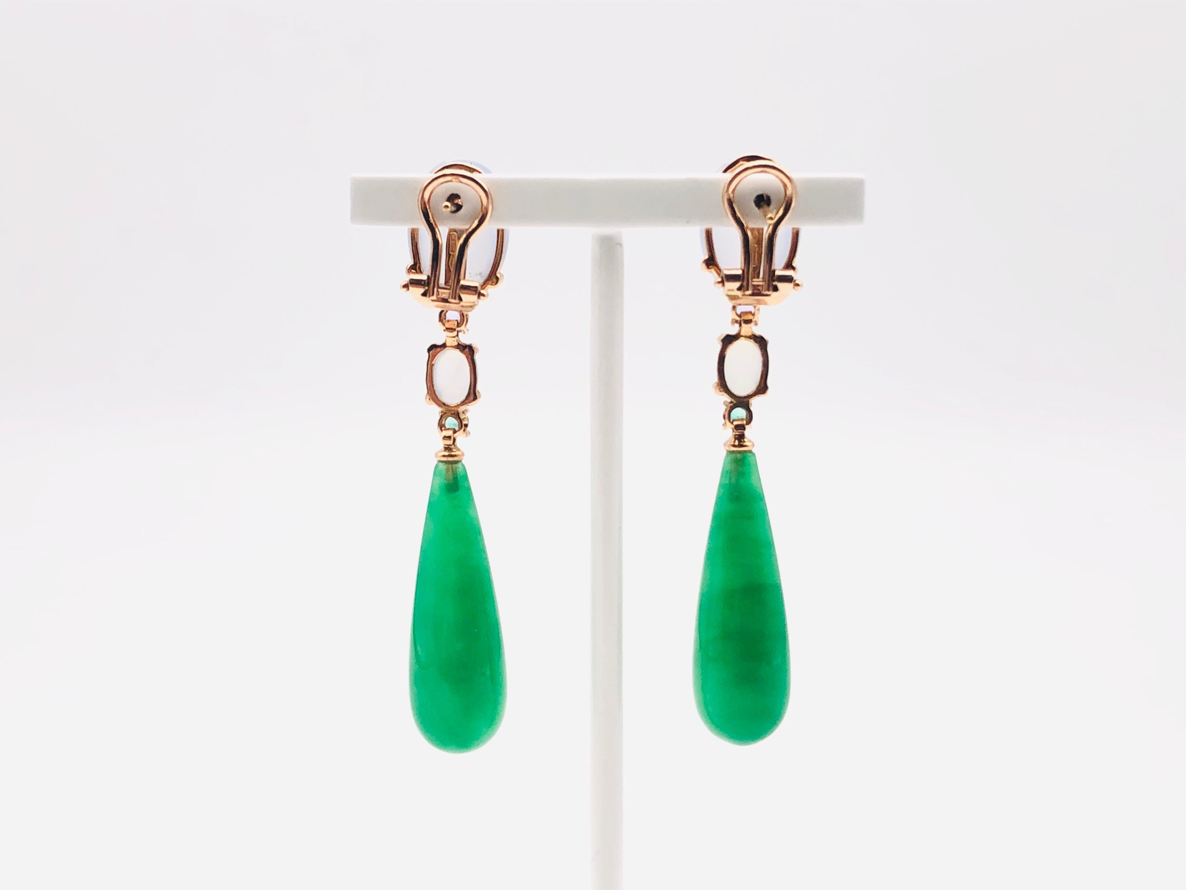 Emerald Cut Chandelier Earrings Jade Tanzanite Chalcedony Emerald Yellow Gold 18 Karat For Sale