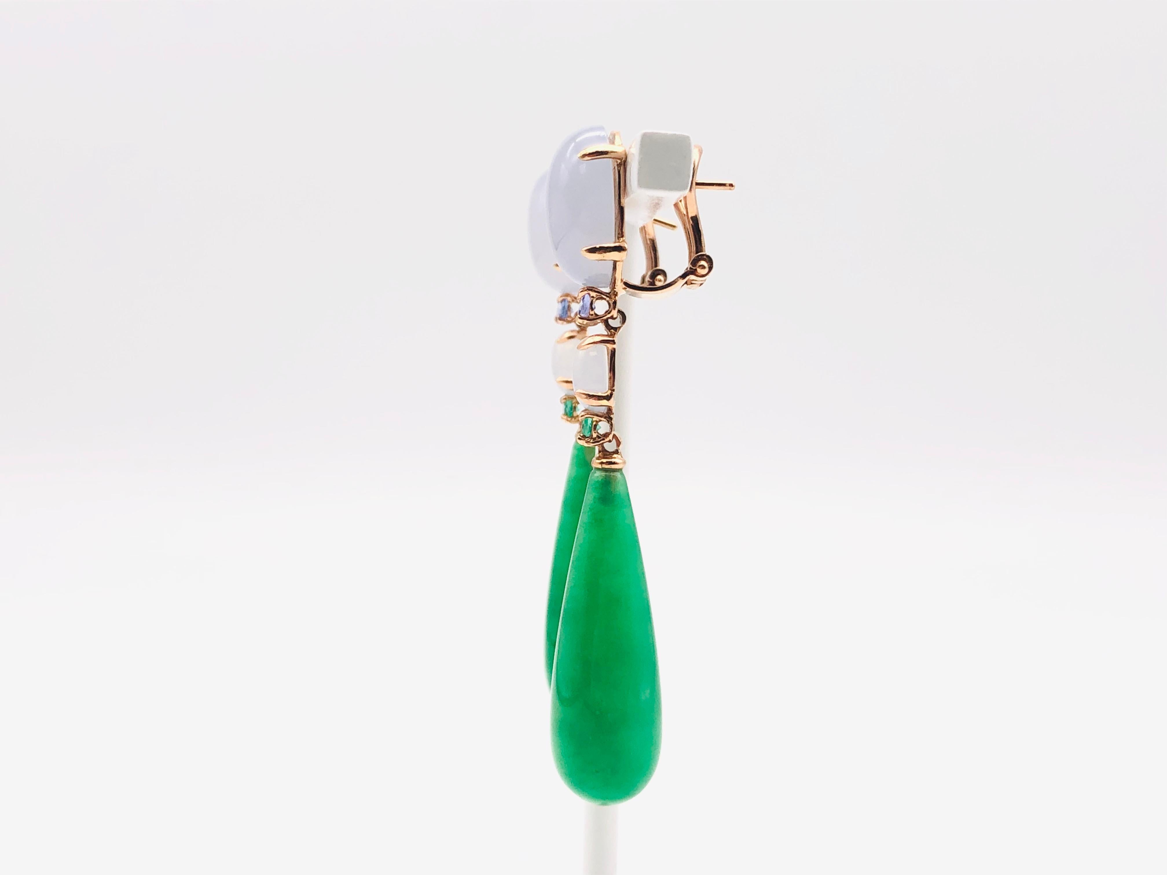 Chandelier Earrings Jade Tanzanite Chalcedony Emerald Yellow Gold 18 Karat In New Condition For Sale In Vannes, FR