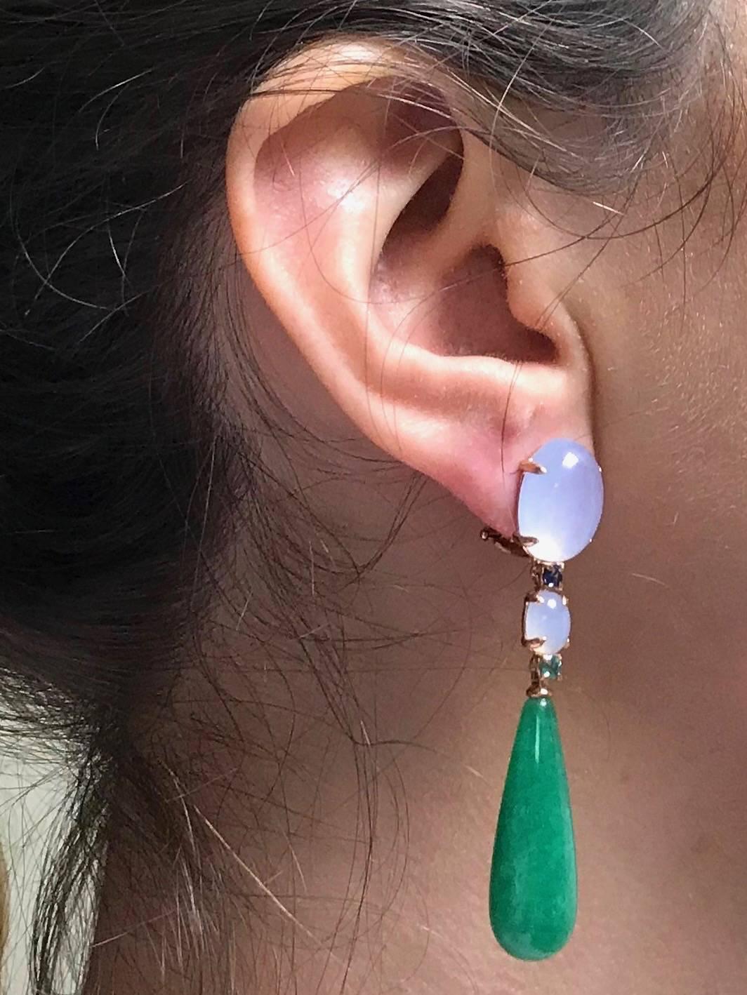 Women's Chandelier Earrings Jade Tanzanite Chalcedony Emerald Yellow Gold 18 Karat For Sale