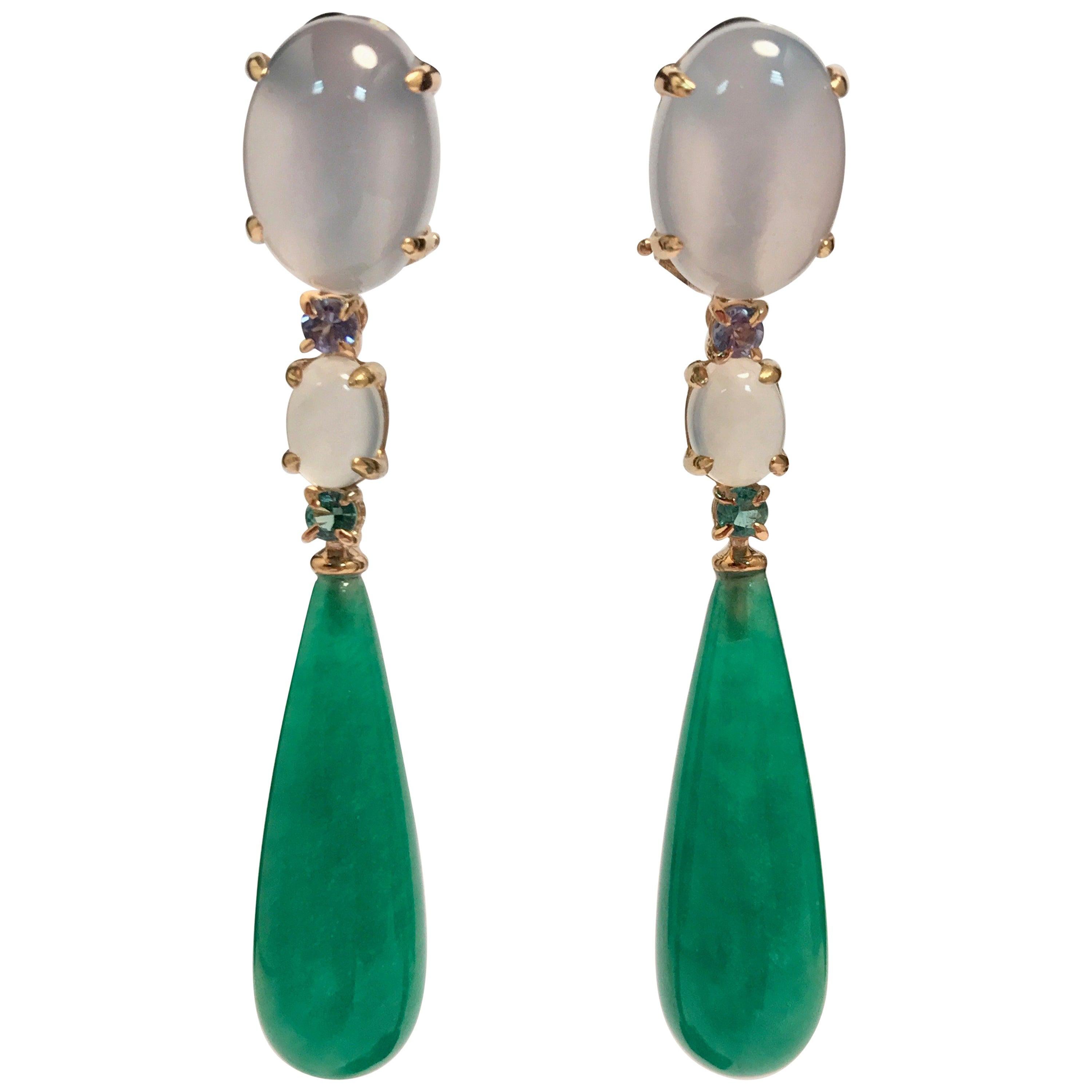 Chandelier Earrings Jade Tanzanite Chalcedony Emerald Yellow Gold 18 Karat For Sale