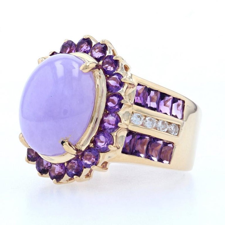 Yellow Gold Jadeite & Amethyst Flower Halo Ring 14k Cabochon 12.18ctw In Excellent Condition In Greensboro, NC