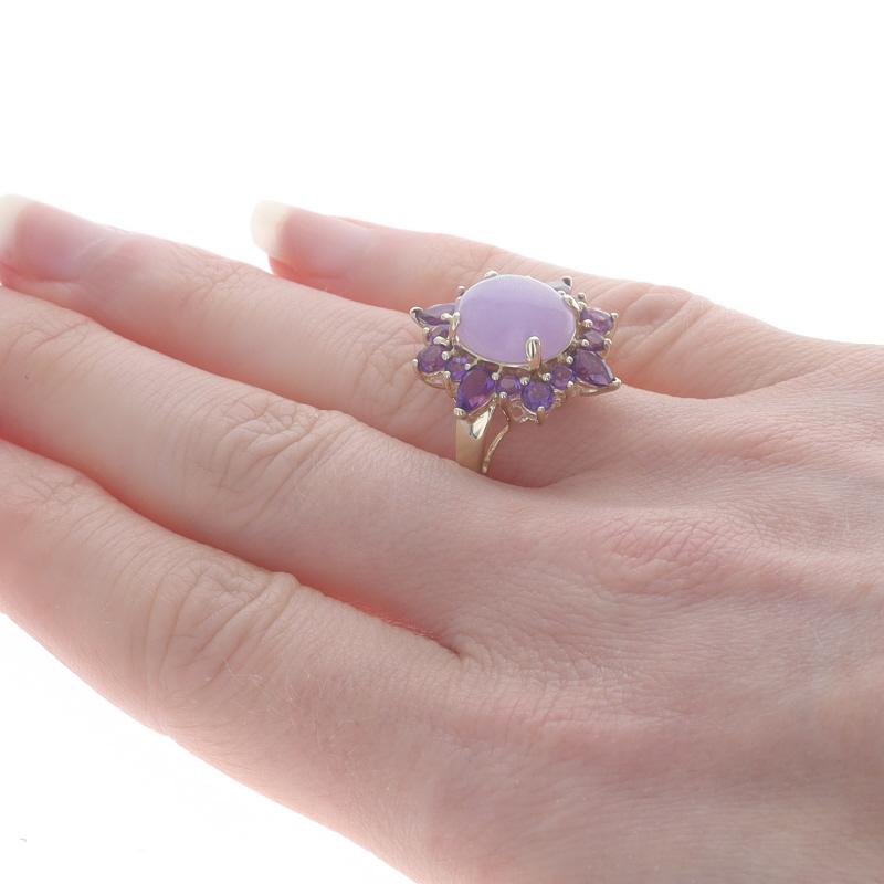 Oval Cut Yellow Gold Jadeite & Amethyst Halo Ring - 14k Oval Cabochon 7.97ctw Flower