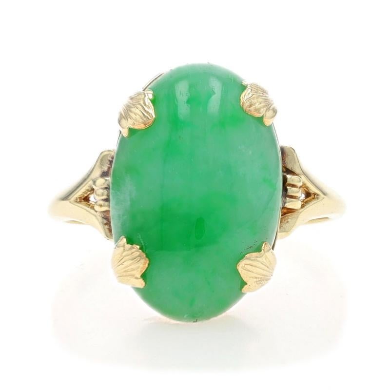 Size: 6 1/2
Sizing Fee: Up 2 1/2 sizes for $35 or Down 1 1/2 sizes for $35

Era: Art Deco
Date: 1920s - 1930s

Metal Content: 10k Yellow Gold

Stone Information
Natural Jadeite
Treatment: Not Enhanced
Cut: Double Cabochon
Color: Mottled Green
Stone