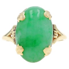 Yellow Gold Jadeite Art Deco Cocktail Solitaire Ring 10k Db Cabochon GIA Vintage