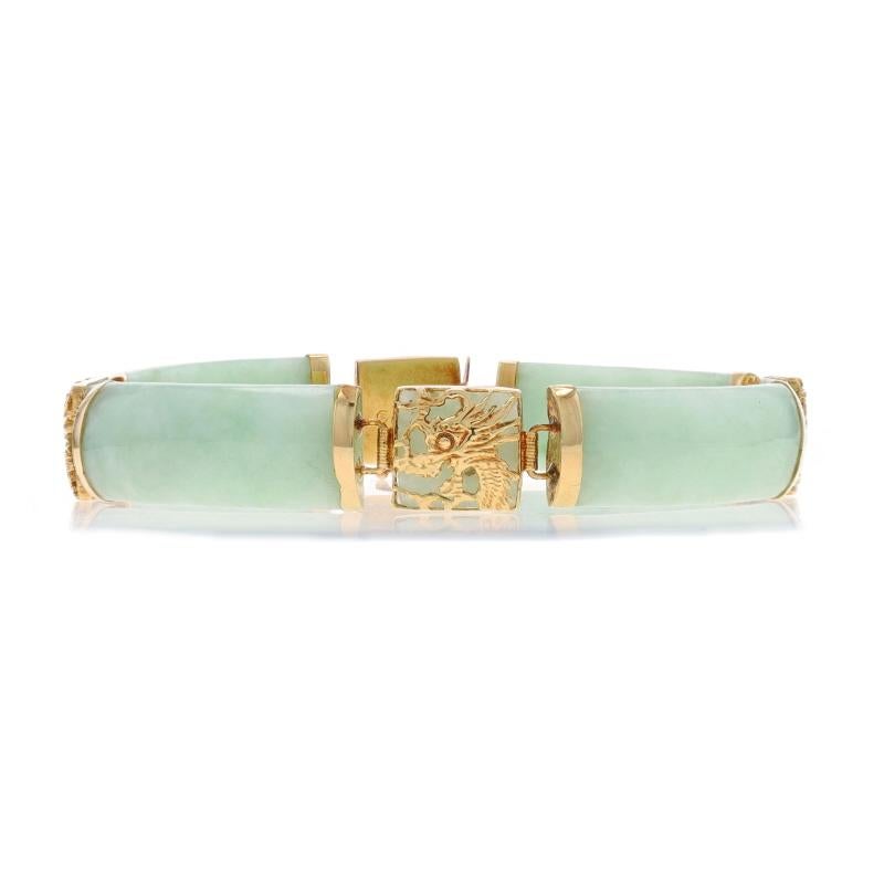 Metal Content: 14k Yellow Gold

Stone Information

Natural Jadeite
Treatment: Routinely Enhanced
Color: Green

Style: Link
Fastening Type: Tab Box Clasp with One Side Safety Clasp
Theme: Asian Dragon
Features: Open Cut