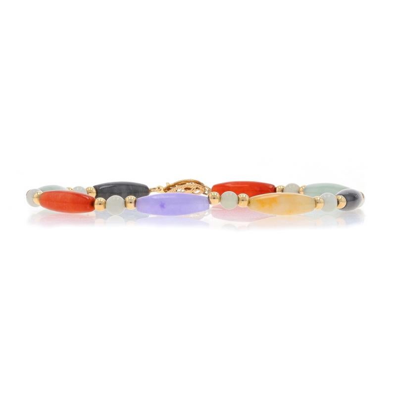 Metallgehalt: 14k Gelbgold

Informationen zu Stein

Natürlicher Jadeit
Behandlung: Routinemäßig veredelt & gefärbt
Farbe: Grün, Orangerot, Gelb, Schwarz und Lavendel

Stil: Perlenstrang
Verschluss-Typ: Fischhaken-Verschluss

Messungen

Länge: 7