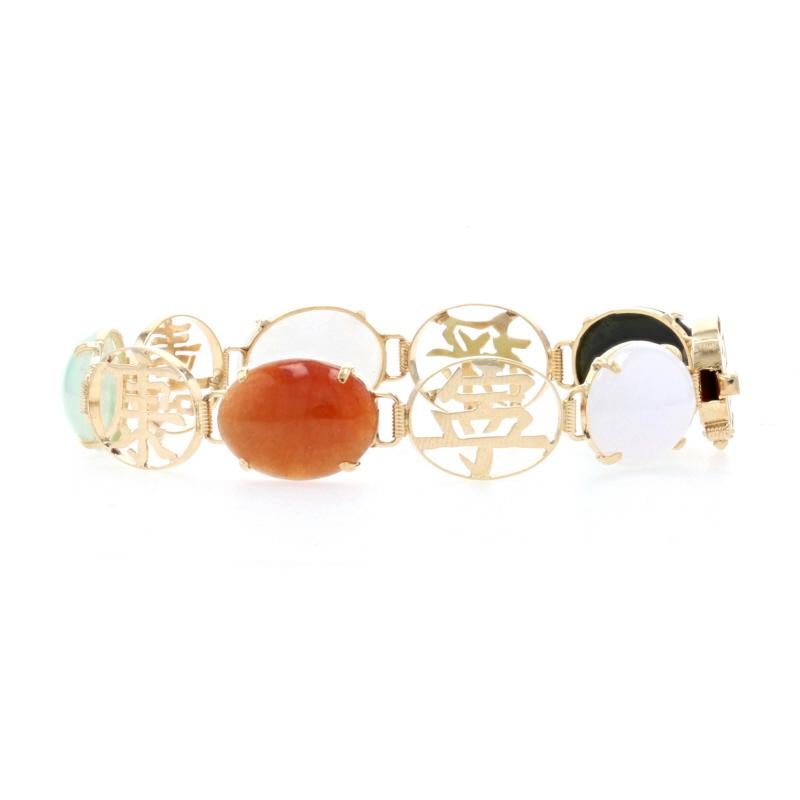 Taille ovale Bracelet en or jaune et jadéite 14 carats « Luck Fortune » avec caractères chinois de 36,35 carats en vente