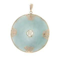 Yellow Gold Jadeite Butterfly Pendant - 14k Donut/Pi/Disc Fu Chinese Character