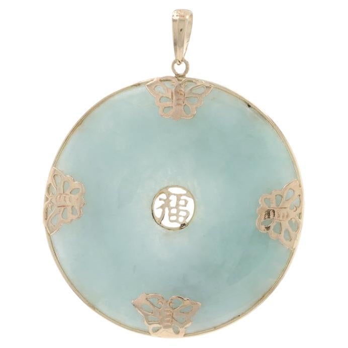Yellow Gold Jadeite Butterfly Pendant - 14k Donut/Pi/Disc Fu Chinese Character For Sale