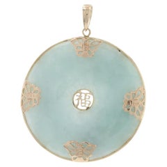 Yellow Gold Jadeite Butterfly Pendant - 14k Donut/Pi/Disc Fu Chinese Character