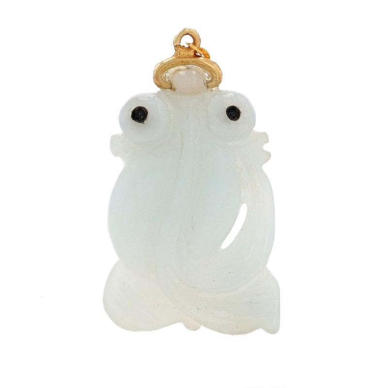 Metal Content: 14k Yellow Gold

Stone Information
Natural Jadeite
Treatment: Routinely Enhanced
Cut: Carved
Color: Light Green

Material Information
Enamel
Color: Black

Theme: Celestial Eye Goldfish, Aquatic Life

Measurements
Tall (from stationary