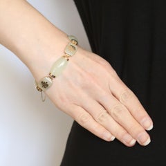 Yellow Gold Jadeite Chinese Character Link Bracelet, 14 Karat Box Clasp
