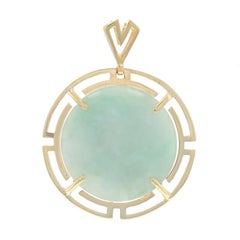 Yellow Gold Jadeite Circle Solitaire Pendant - 14k Round Double Cabochon Disc