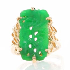 Yellow Gold Jadeite Cocktail Solitaire Ring - 14k Carved Botanical Scroll