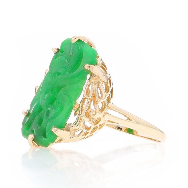 Women's Yellow Gold Jadeite Cocktail Solitaire Ring - 14k Carved Botanical Scroll For Sale