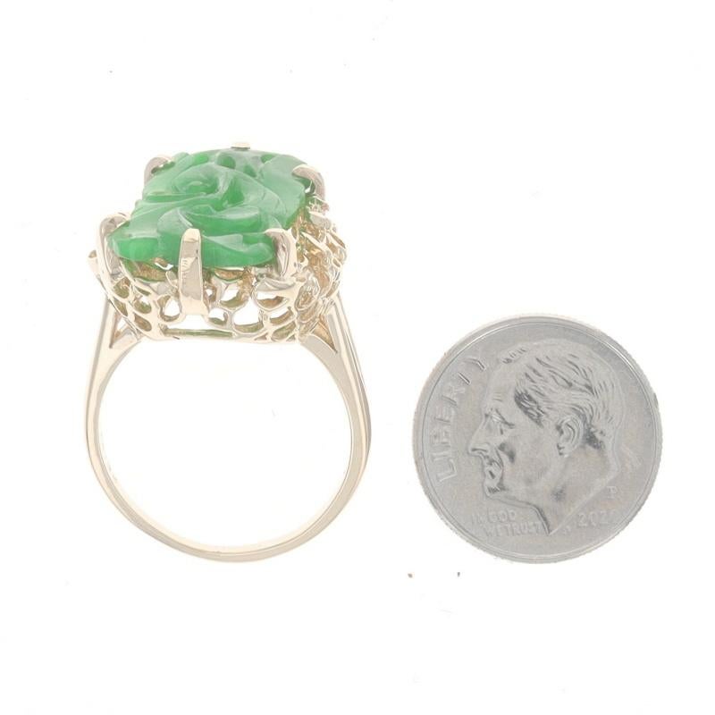 Yellow Gold Jadeite Cocktail Solitaire Ring - 14k Carved Botanical Scroll For Sale 2