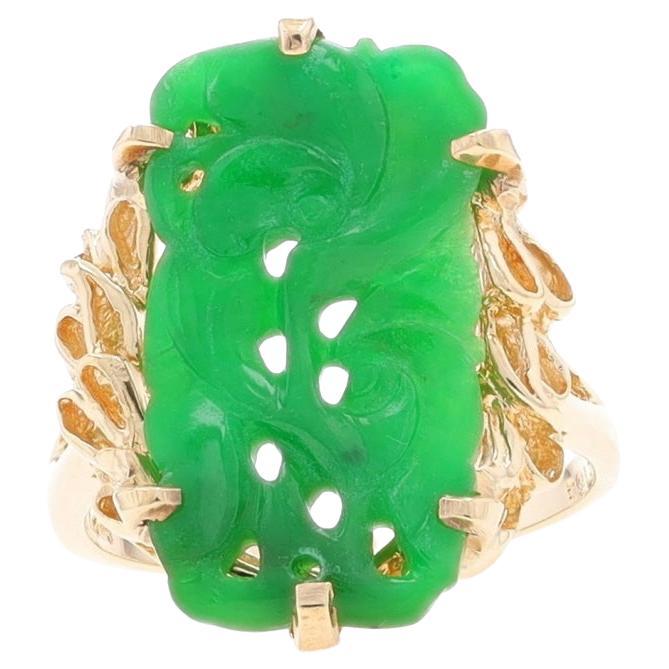 Yellow Gold Jadeite Cocktail Solitaire Ring - 14k Carved Botanical Scroll