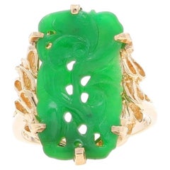 Yellow Gold Jadeite Cocktail Solitaire Ring - 14k Carved Botanical Scroll