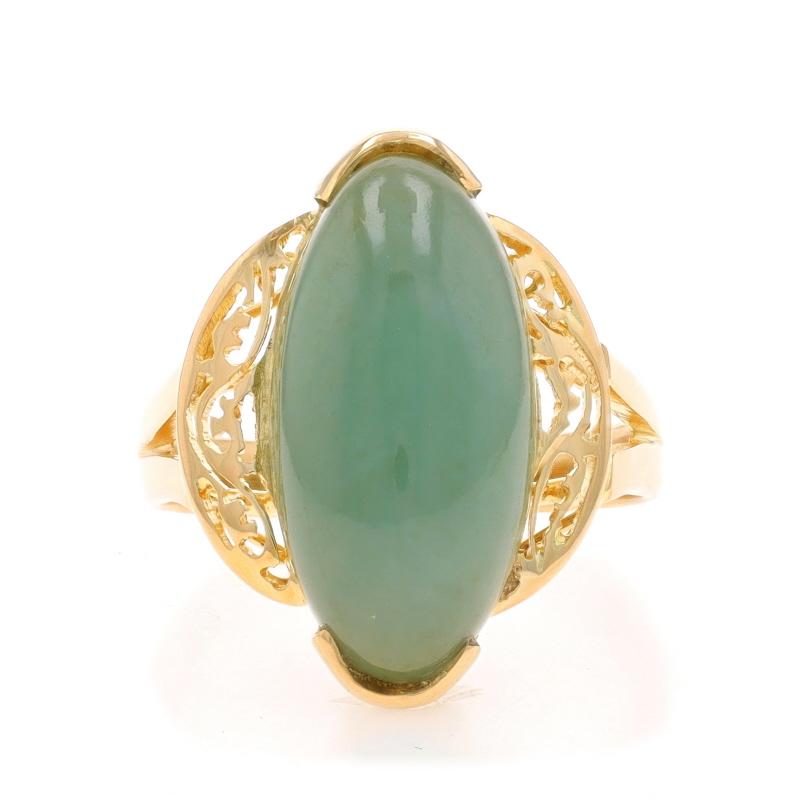 Size: 10
Sizing Fee: Up 2 sizes for $60 or Down 2 sizes for $40

Metal Content: 18k Yellow Gold

Stone Information

Natural Jadeite
Treatment: Routinely Enhanced
Cut: Marquise Cabochon
Color: Green

Style: Cocktail Solitaire
Features: Open Cut