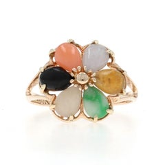 Yellow Gold Jadeite Coral Onyx Cluster Cocktail Ring - 14k Pear Cabochon Flower