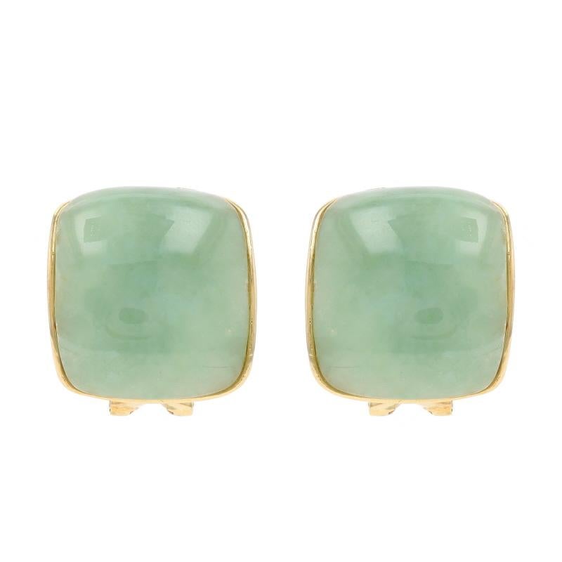 Metal Content: 14k Yellow Gold

Stone Information

Natural Jadeite
Treatment: Routinely Enhanced
Color: Green

Style: Curved Large Studs
Fastening Type: Omega Closures

Measurements

Tall: 25/32
