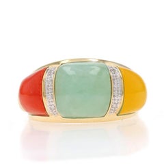 Yellow Gold Jadeite Diamond Band 10k Cabochon Three-Stone Ring Sz 7 1/4 Treated