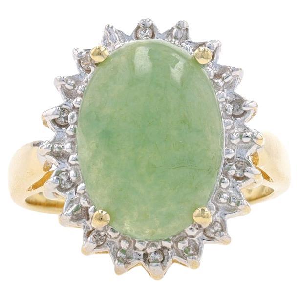 Yellow Gold Jadeite & Diamond Halo Ring - 14k Oval Cabochon 5.25ctw Floral