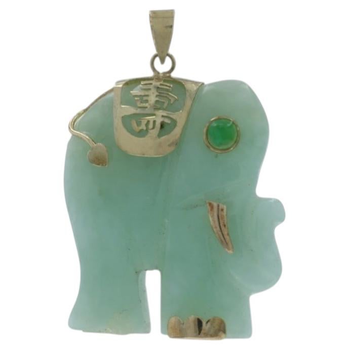 Ciondolo con elefante di giadeite e smeraldo in oro giallo - 14 ct scolpito Lunga vita