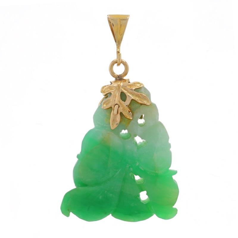 Metal Content: 14k Yellow Gold

Stone Information

Natural Jade / Jadeite
Treatment: Routinely Enhanced
Cut: Carved

Style: Carved
Theme: Floral, Botanical

Measurements

Tall (from stationary bail): 1 3/32