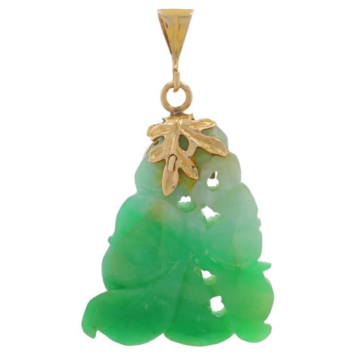 Yellow Gold Jadeite Floral Carved Pendant 14k Botanical For Sale