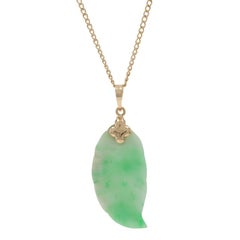 Yellow Gold Jadeite Leaf Solitaire Pendant Necklace 18" - 14k Carved