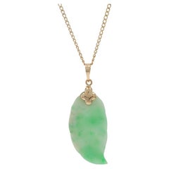 Yellow Gold Jadeite Leaf Solitaire Pendant Necklace 18" - 14k Carved