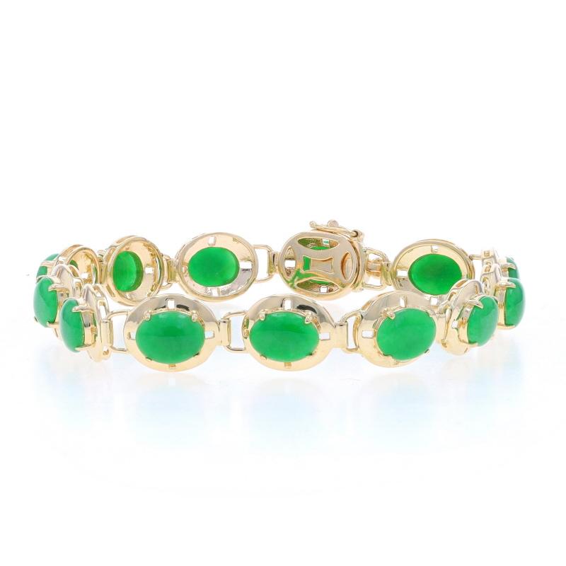 Contenu du métal : Or jaune 14k

Informations sur les pierres

Jadéite naturelle
Traitement : Amélioration de routine
Carat(s) : 8.45ctw
Coupe : Cabochon ovale
Couleur : Vert

Total des carats : 8.45ctw

Style : Lien
Type de fermeture : Fermoir à