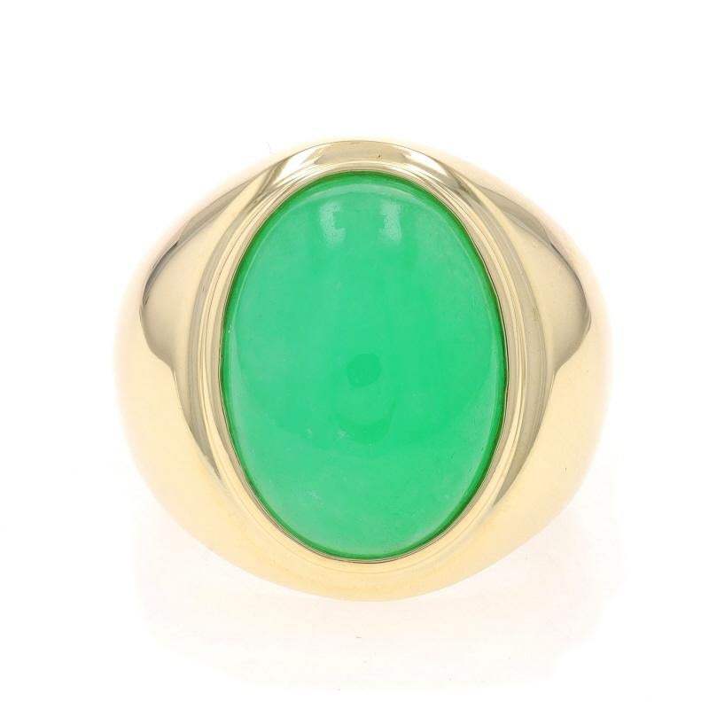 Size: 10 1/4
Sizing Fee: Up 1 size for $60 or Down 1 size for $40

Metal Content: 14k Yellow Gold

Stone Information

Natural Jadeite
Treatment: Dyed
Cut: Oval Cabochon
Color: Green

Style: Solitaire

Measurements

Face Height (north to south): 7/8