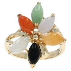 Anello bypass con cluster di onice e giadeite in oro giallo - 14k Marquise Cabochon