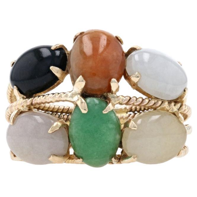 Yellow Gold Jadeite & Onyx Cluster Cocktail Ring 14k Oval Cabochon Rope Sz 6 3/4 For Sale