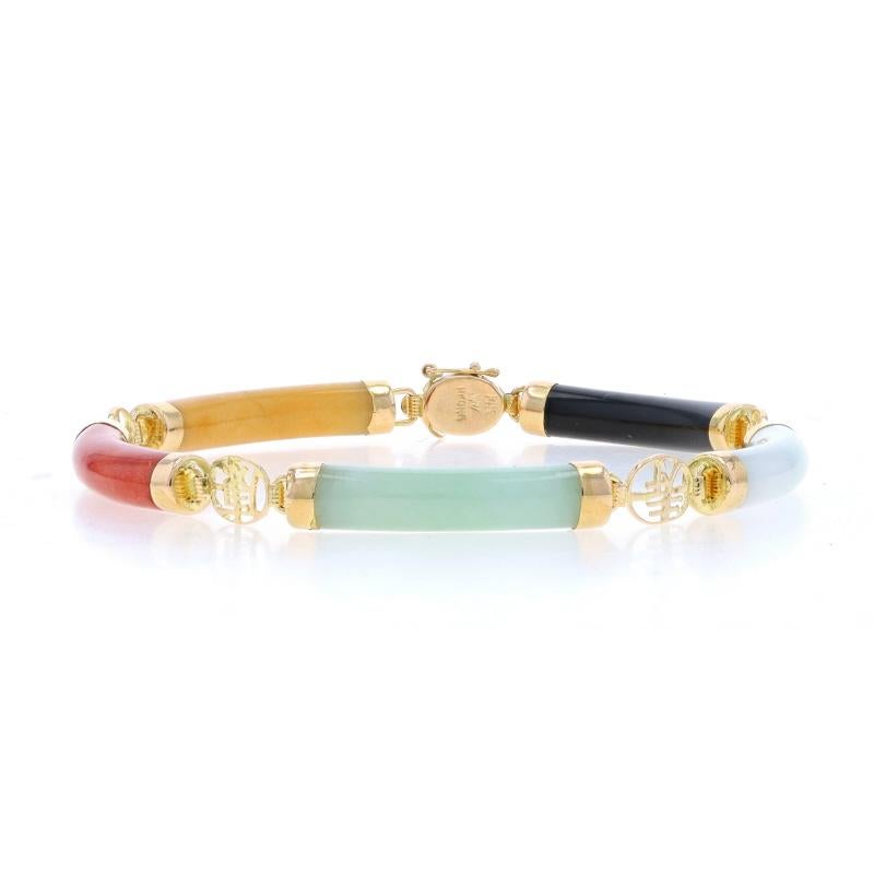 Metal Content: 14k Yellow Gold

Stone Information

Natural Jadeite
Treatment: Routinely Enhanced
Color: Yellow, Reddish Orange, Green, & White

Natural Onyx
Color: Black

Style: Link
Fastening Type: Tab Box Clasp with One Side Safety Clasp
Theme: