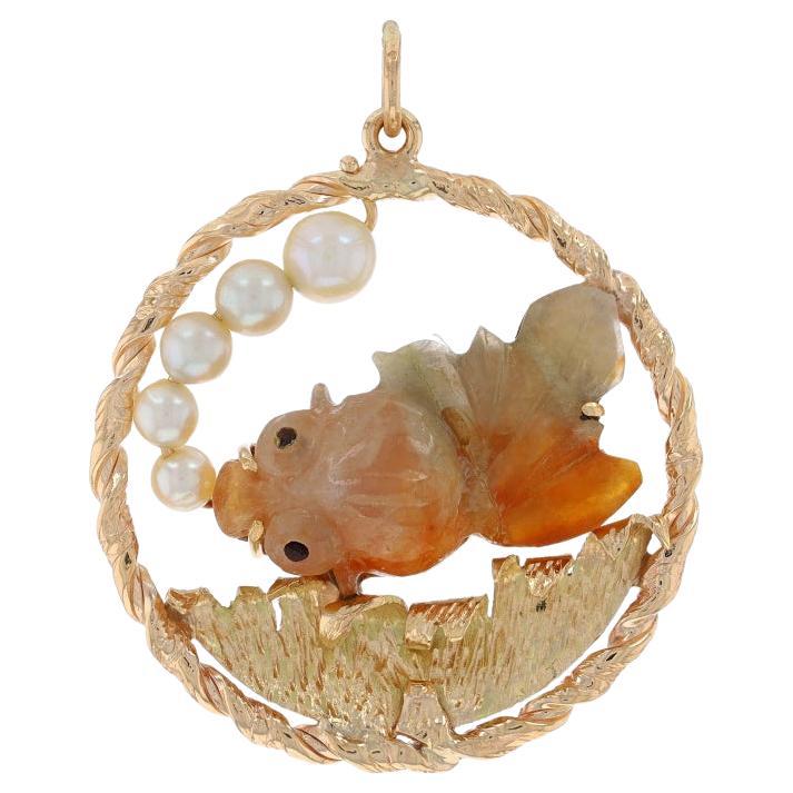 Yellow Gold Jadeite Pearl Celestial Eye Fancy Goldfish Pendant 14k Aquatic Life For Sale