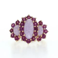 Yellow Gold Jadeite Rhodolite Garnet Three-Stone Halo Ring 14k Oval Cab 5.50ctw