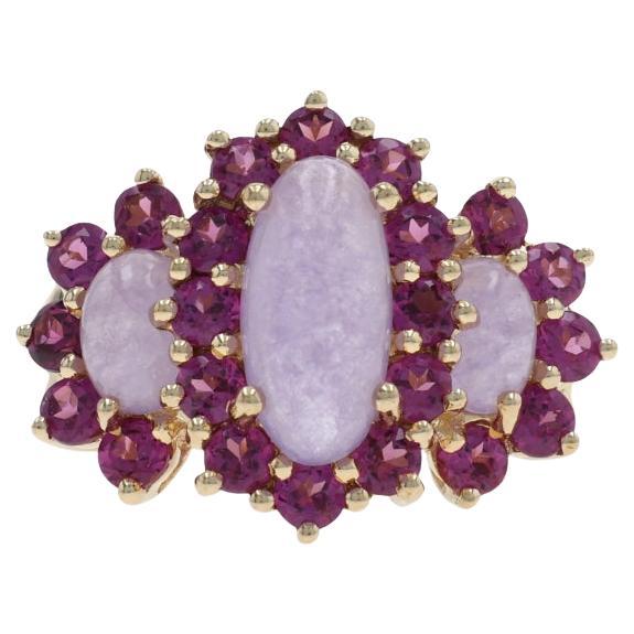 Jadeite Rhodolite Garnet Three-Stone Halo Ring 14k Oval Cab 5.50ctw Yellow Gold Jadeite Rhodolite Garnet Three-Stone Halo Ring 14k Oval Cab 5.50ctw