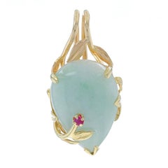 Yellow Gold Jadeite 
Ruby Leafy Vine Pendant - 14k Pear Cabochon