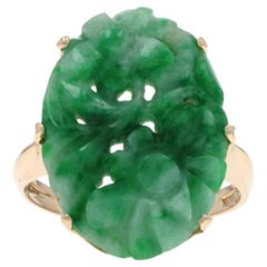 Yellow Gold Jadeite Vintage Cocktail Solitaire Ring - 14k Carved Flowers Yellow Gold Jadeite Vintage Cocktail Solitaire Ring - 14k Carved Flowers