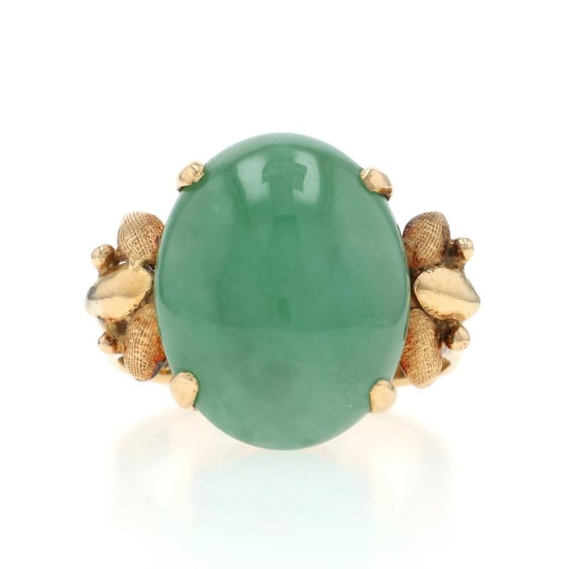 Size: 7 3/4
Sizing Fee: Up 2 sizes for $80 or Down 1 size for $60

Era: Vintage

Metal Content: 18k Yellow Gold

Stone Information

Natural Jadeite
Treatment: Routinely Enhanced
Carat(s): 16.80ct
Cut: Oval Cabochon

Total Carats: 16.80ct

Style: